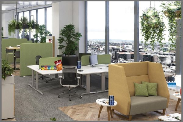 A communal work space with soft seating 